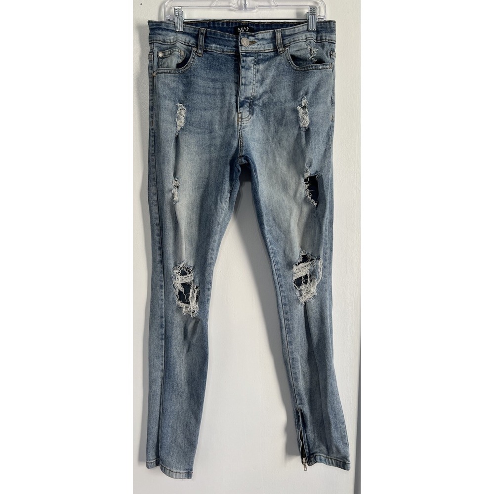 Boohoo‎ Man 34 Straight Fit Blue Distressed Jeans Button Fly Ankle Zip With Belt